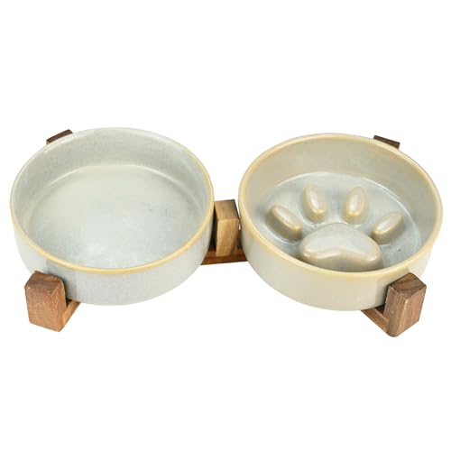 Keramik-Hundenapf-Set mit Standfüßen, Hundenapf Keramik Erhöht mit rutschfest Ständer, Langsamfressnapf Süße Pfoten-Design für Kleine und...