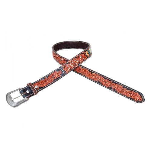 Circle Y Men' Inlay Beaded 1.5" Wide Durable Tooled Vintage Leather Casual Outdoor Cowboy Belt w/Silver Etched Buckle2