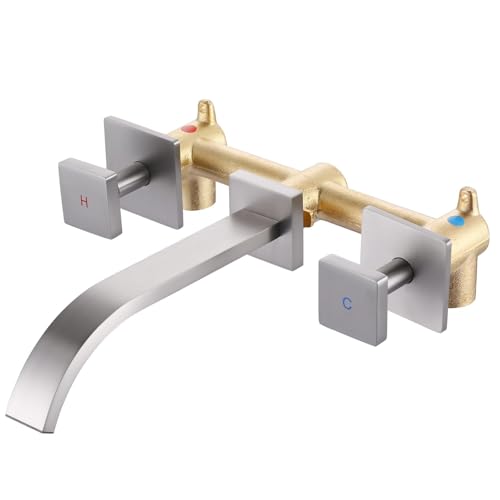 Wall-Mounted Bathroom Sink Faucet: ALEASHA Brushed Nickel Waterfall Bathroom Faucet with Two Handles, Bathroom Sink Faucet Made with Solid Brass, Wall-Mounted Washroom Faucets and Rough-in V
