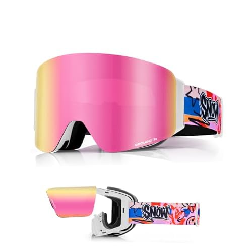 Odoland Flip Up Ski Goggles for Men Women, Anti-fog Magnetic OTG Flip-Up Snow Snowboard Goggles for Instant Defogging White Frame Pink Lens