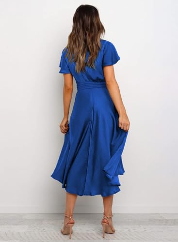 Image of miduo Womens Satin V Neck Ruffle Short Sleeve Tie Front High Waist Midi A-Line Maxi Dresses