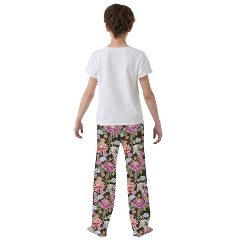 Retro Crane Bird Peony Boys Long Pants Soft Trousers Elastic Waist Kids Lounge Bottoms with Pockets S-XL3