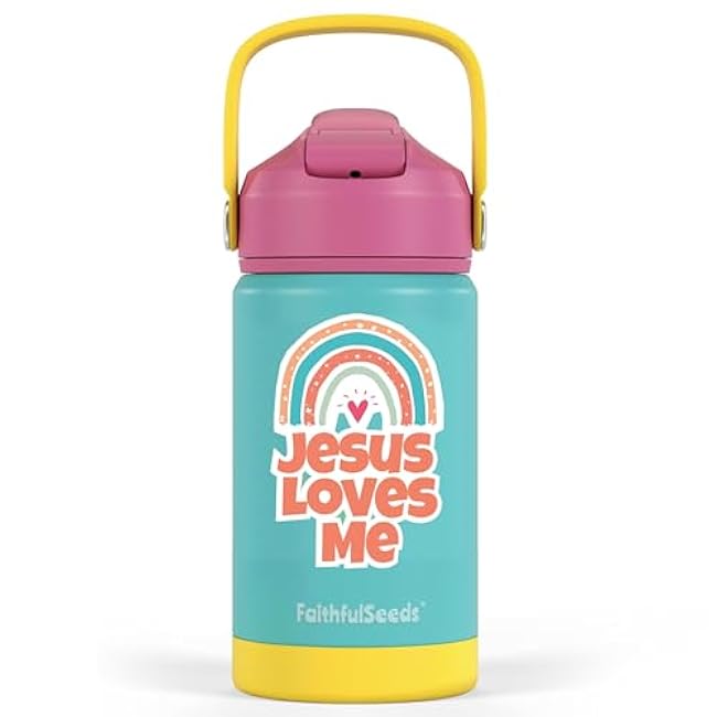 12oz Water Bottle Christian Kid Insulated Stainless Steel Water Bottle for Girls Boys, Leak-proof Water Bottle with Straw Lids (Jesus Loves Me)