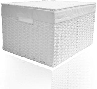 Arpan White Paper Rope Woven Storage Xmas Hamper Basket Box With White Cloth Lining (Large - W35.5xD28xH18cm)