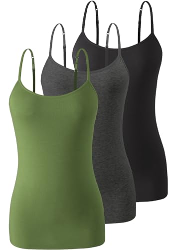 Image of Air Curvey 3 Pack Camisole Tops for Women Built in Bra Adjustable Spaghetti Strap Cotton Undershirt Tanks Layering Tops