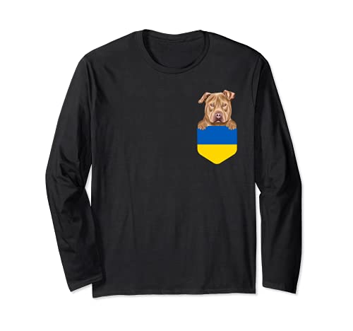 Ukraine Flag Usa Staffordshire Terrier Dog In Pocket Long Sleeve T-Shirt, Black