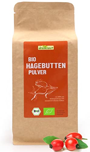 dreikraut Bio-Hagebuttenpulver - 1 Kg, Rohkostqualität, gemahlen, Wildsammlung aus Europa, 100% ganze Hagebutte