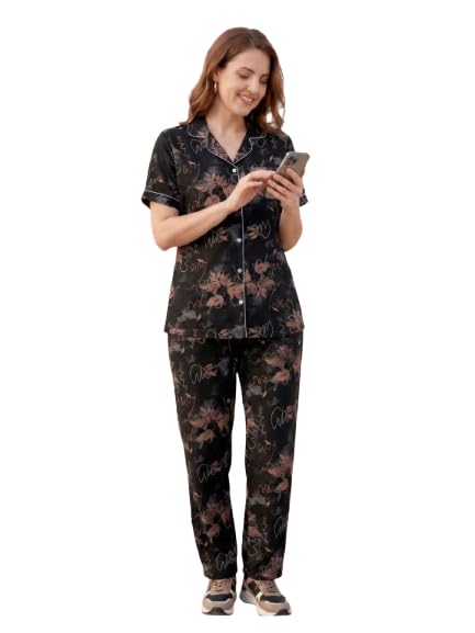 Elegant Cotton Lounge Wear Co-Ord Set with Button-Down Shirt, Relaxed Fit Pajama, Soft Breathable Nightwear for Women (Black, Golden, XL)-image-10