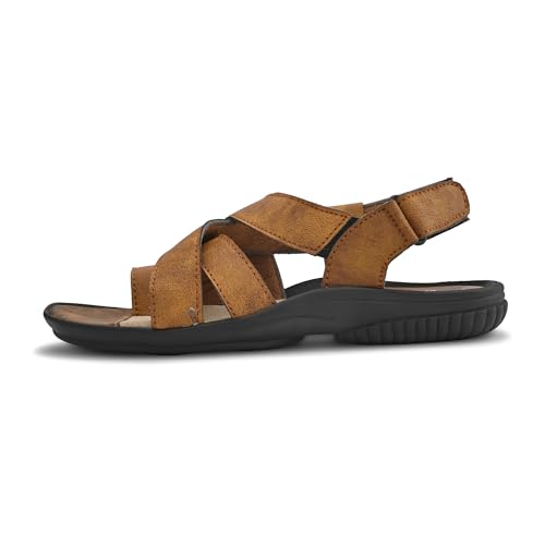 Image of Centrino Men's Sandals | Brown /Tan Textured Cushioned Sole Casual Leather | Strap Sandal with Adjustable Buckle | Comfortable Casual Footwear for Summer Office Travel (9574)