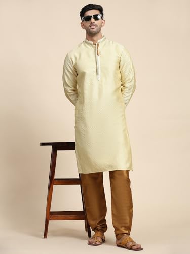 Image of SKAVIJ Men's Brocade Silk Embroidered Kurta Pajama Set Thread Work Festive Party Ethnic Dress