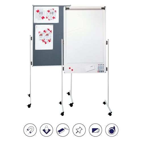 FRANKEN KombiFlipchart ECO, doppelseitig, pinnbar & lackiert, magnetisch, beschreibbar, trocken abwischbar, 76 x 121 cm, grau/Filz & lackierte Schreiboberfläche, mit Standbeinen und Rollen, UMT FC