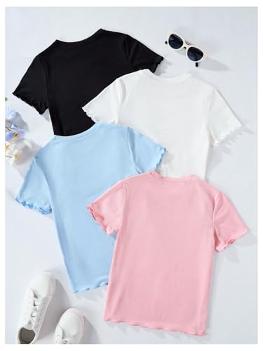 Image of SweatyRocks Girl's 4 Pack Lettuce Trim T Shirt Ribbed Knit Short Sleeve Crew Neck Solid Tee Tops