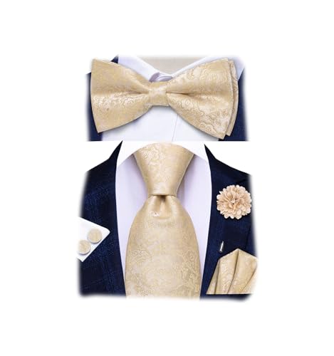 Image of Hi-Tie Men Champagne Paisley Pre-tied Bowties and Tie Set Necktie Bow Tie Pocket Square Cufflinks Lapel Pin 5Pcs Set Tuxedo Suit