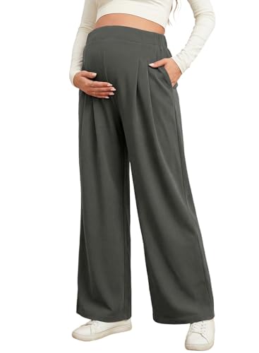 BLENCOT Women's Maternity Pants Wide Leg Pleated Adjustable High Waist Waffle Work Trousers Spring Activewear Elastic Solid Color Baggy Pregnancy Clothes Long Pants Large Carbon Grey