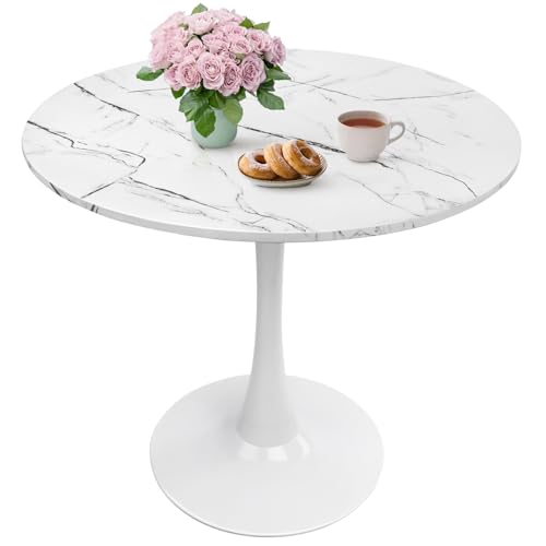Image of Round Dining Table 31.5 inch Faux Marble White Tulip Table with Pedestal Base for 2-4 People Small Space - Kitchen Living Room Cafe