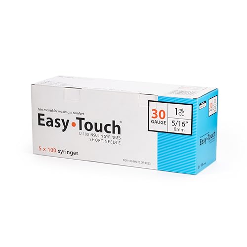 Image of EasyTouch U-100 Insulin Syringes (30G 1.0cc 5 /16 inch) - 500 ct. | Case Pack, 100 Unit Capacity, 5 /16 inch Needle Length, Bold Markings for Accurate Dosing, Disposable, Box of 500