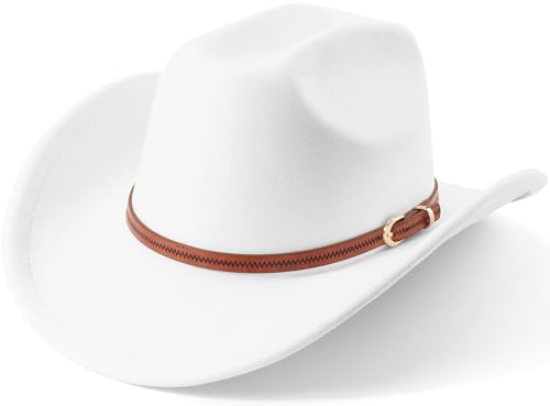 Image of DRESHOW Cowboy Hat for Women and Men Wide Brim Western Cowboy Cowgirl Hat with Belt Buckle Unisex Rolled up Caps