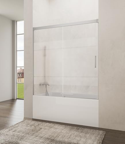 Mampara de Ducha Frontal | Cristal de Seguridad 6mm | Perfilería de Aluminio en 2 Acabados | Mampara Bañera Corredera (FROST CROMO, 155-160 cm)