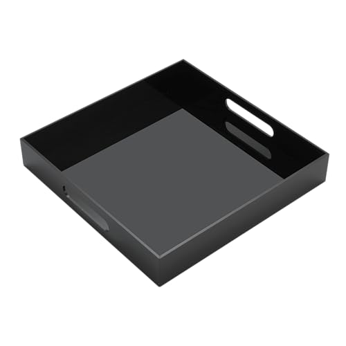 KEVJES Glossy Black Acrylic Serving Tray with Handles-Butler Trays for Coffee Table, Snacks,Breakfast in Bed, Kitchen Countertop,Vanity,Makeup Organizer,Ottoman (Black, 12x12 Inches) - image 1