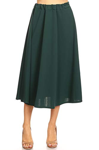 FashionJOA Solid Print Casual Comfy Elastic A-line Knee Midi Skirt Hunter Green M