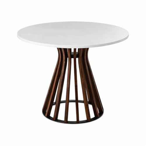Image of Round Dining Table | Quartz White Marble Top with Natural Wood Finish | 4-Seater Modern Table for Dining Room - Chair not Included (Honey Finish)