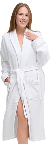White Classic Waffle Bathrobe for Women, Men, 100% Turkish Cotton, Luxury Terry Interior, Waffle Exterior, One Size Fits Most