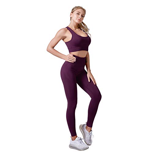 Jamron Donna Set di Abbigliamento Yoga Reggiseno Sportivo+Leggings 2 Pezzi Tuta Sportiva Palestra Fitness Activewear Viola Scuro SN071202 L