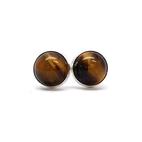 Kathy Bankston Handmade 6mm Tigers Eye Gemstone Stud Earrings for Women and Girls, Round Bezel 925 Sterling Silver (tiger-eye)