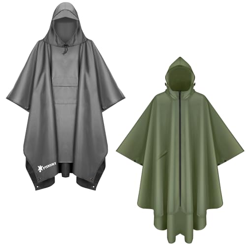 PTEROMY Hooded Rain Poncho with Pocket(Grey)+Hooded Rain Poncho with Pocket and Zipper(Green)