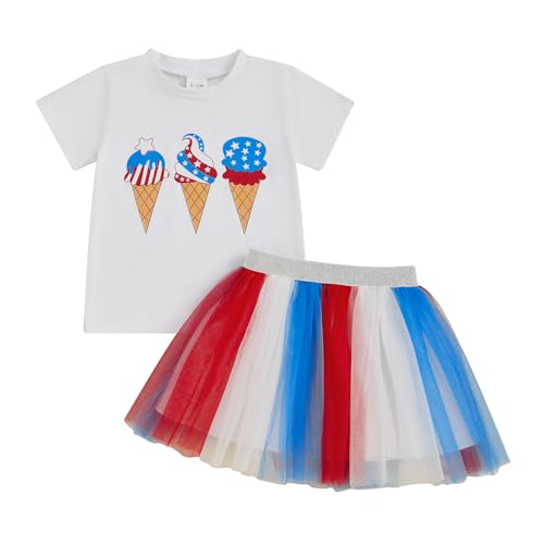 Kayotuas 4th of July Toddler Girl Outfit USA Popsicle T-shirt Blue Plaid Tulle Skirt Set Little Girls Fourth of July Dress (White, 18-24 Months)