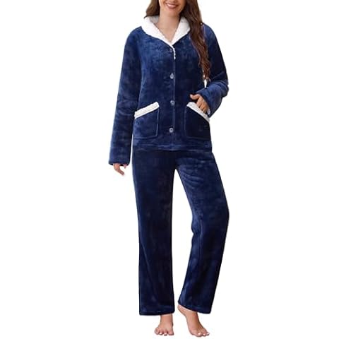 VXVGER Womens Pajama Sets Fleece Pajamas 2 Piece Pjs Set with Pockets Winter Warm Fuzzy Sleepwear Loungewear, Navy blue, M Cover