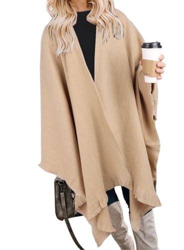 Bestshe Women's Boho Open Front Poncho Knitted Plaid Shawl Wrap