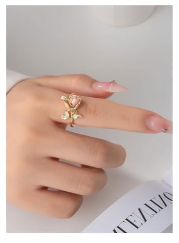 Kokoma Pink Rose Flower Ring for Women Enamel Elegant Floral Leaf Wrap Finger Band Wedding Rings Engagement Promise Ring Bands Fashion Jewelry3