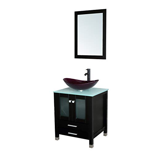 BATHJOY 24.8” Modern Wood Bathroom Vanity Cabinet Oval Tempered Glass Vessel Sink Top Free ORB Faucet Drain with Mirror