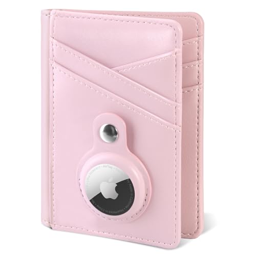 Miroddi Wallet with AirTag Holder, Credit Card Holder Wallet for Women, Leather Front Pocket Wallet, Minimalist Bifold Wallet, 9 Card Slots and 4 Storage Pockets, RFID Blocking, Pink