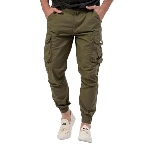 Mens Casual Cargo Pants Tapered Stretch Twill with Drawstring Elastic Waist & Multiple Pockets for Everyday Wear