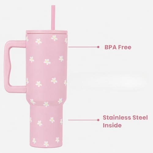 Image of Stainless Steel 1200 ml Vacuum Tumbler with Lid & Straw - Double‑Wall Insulated Cup for Travel, Gym & Office - Keeps Beverages Hot or Cold - 1.2 L Capacity (Pink Tiny Flower)