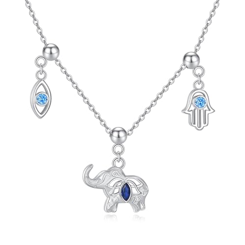 YAFEINI Elephant Necklace Sterling Silver Elephant Charm Necklace Hamsa Hand Charm Evil Eye Jewelry Gifts for Women