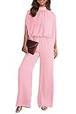 PRETTYGARDEN Women's Casual Summer Jumpsuits Short Sleeve Mock Neck Wide Leg Pants Romper One Piece Satin Outfit (Pink,Large)