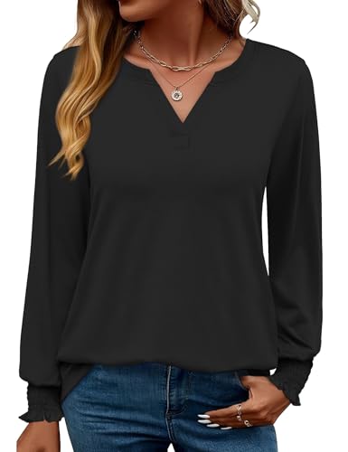 Rapbin Damen Bluse Langarm Tops Elegant Locker V-Ausschnitt Oberteile Shirt Casual Herbst Tunika (L,Schwarz)