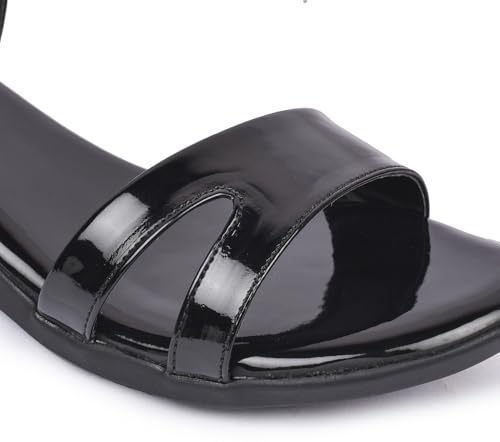 Image of Action Women's Patent Platform Sandals|Open Toe| Elastic Ankle Strap| Wedge Heel Black