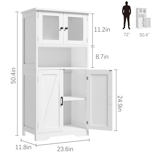 GarveeHome 54in Tall Bathroom Cabinet, Farmhouse Storage Cabinet with Glass Doors and Adjustable Shelves, Freestanding Kitchen Pantry Cabinets, Cupboard for Living Room, Dining Room, White