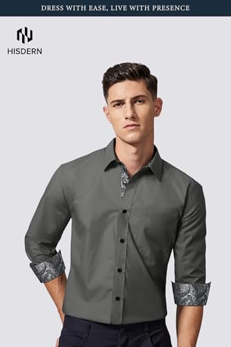 Image of HISDERN Mens Business Dress Shirts Long Sleeve Casual Button Down Shirt Formal Inner Collar Contrast Shirt for Men Wedding