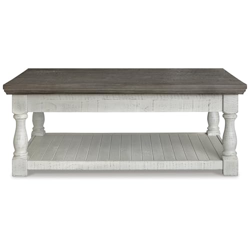 Signature Design by Ashley Havalance Farmhouse Lift Top Coffee Table with Fixed Shelf and 2 Hidden Storage Trays, Gray & White with Weathered Finish - Image 5