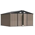Greesum 10×10FT Outdoor Storage Shed, Metal Patio Storaged Sheds with Lockable Doors, Sheds & Outdoor Storage for Bike, Backyard, Pool and Garden, Brown