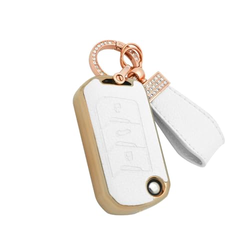 Image of Keyzone Litchi Leather TPU Key Cover & Keychain for Thar, Thar Roxx, Bolero, Scorpio, XUV700, XUV400, XUV3x0, XUV300, TUV300, Marazzo Flip Key (White)