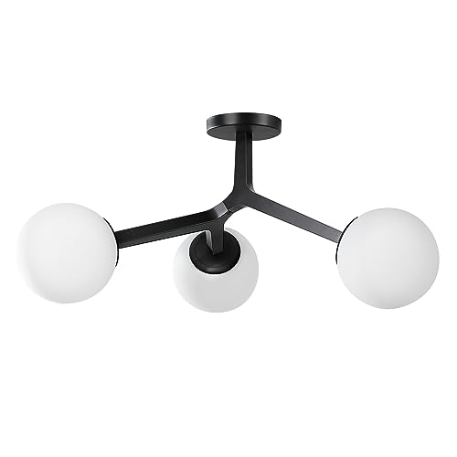 Image of Semi Flush Mount Ceiling Light Fixture 3-Light Black Modern Gold Chandelier with Globe Milky Frosted Glass Shade E12 Sputnik Ceiling Light for Kitchen, Hallway Light Fixtures Ceiling