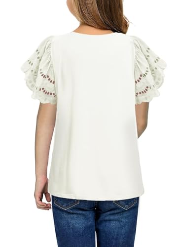 Girls Summer Shirts Crewneck Ruffled Short Sleeve Blouse Tops Size 6-15 Years2