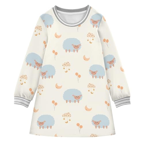 Light Blue Sheep Girls Dresses Long Sleeve Sweatshirt Dress for Girls Winter Toddler Casual A Line Dresses Size 2-8T