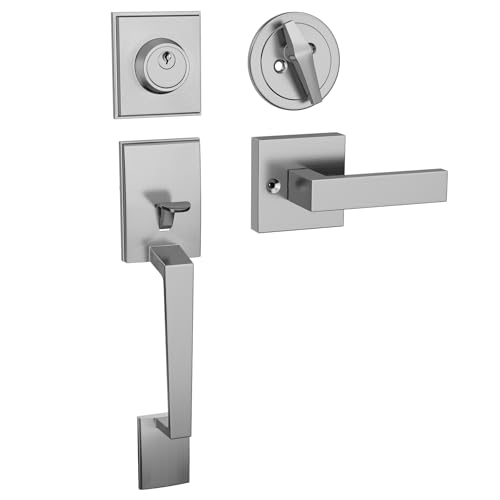 HOSOM Front Door Handle Set, Satin Nickel Exterior Door Lock Set with Deadbolt, Single Cylinder, Reversible for Right and Left Handed Doors